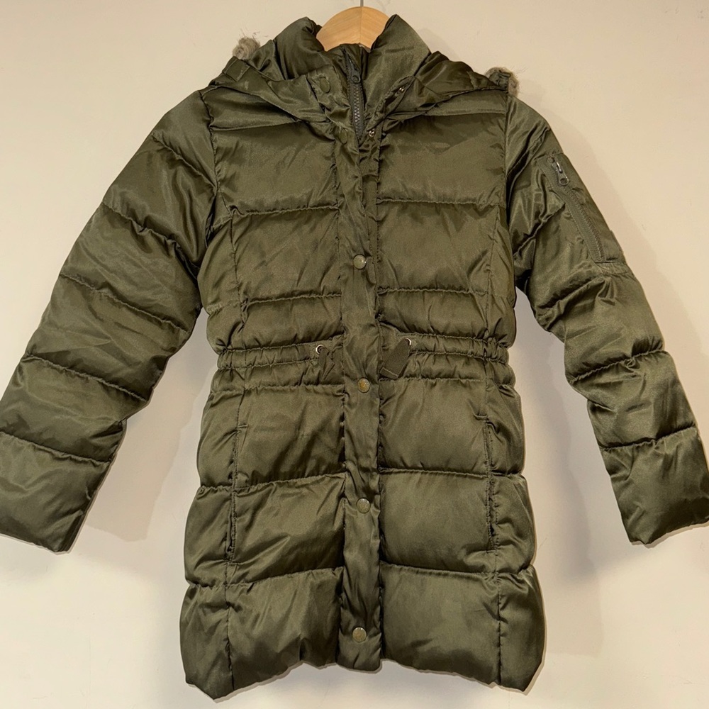 GAP Long Coat Girl Medium Puffer Quilted Winter Olive Green Faux Fur Trim Hood